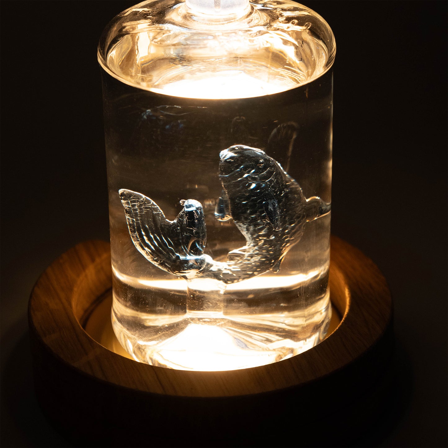 Bouteille de Gin Etsu illuminée par dessous de bouteille lumineux yobe light avec carpe en verre sculptée et anneau en  bois chêne massif yobe ring around 